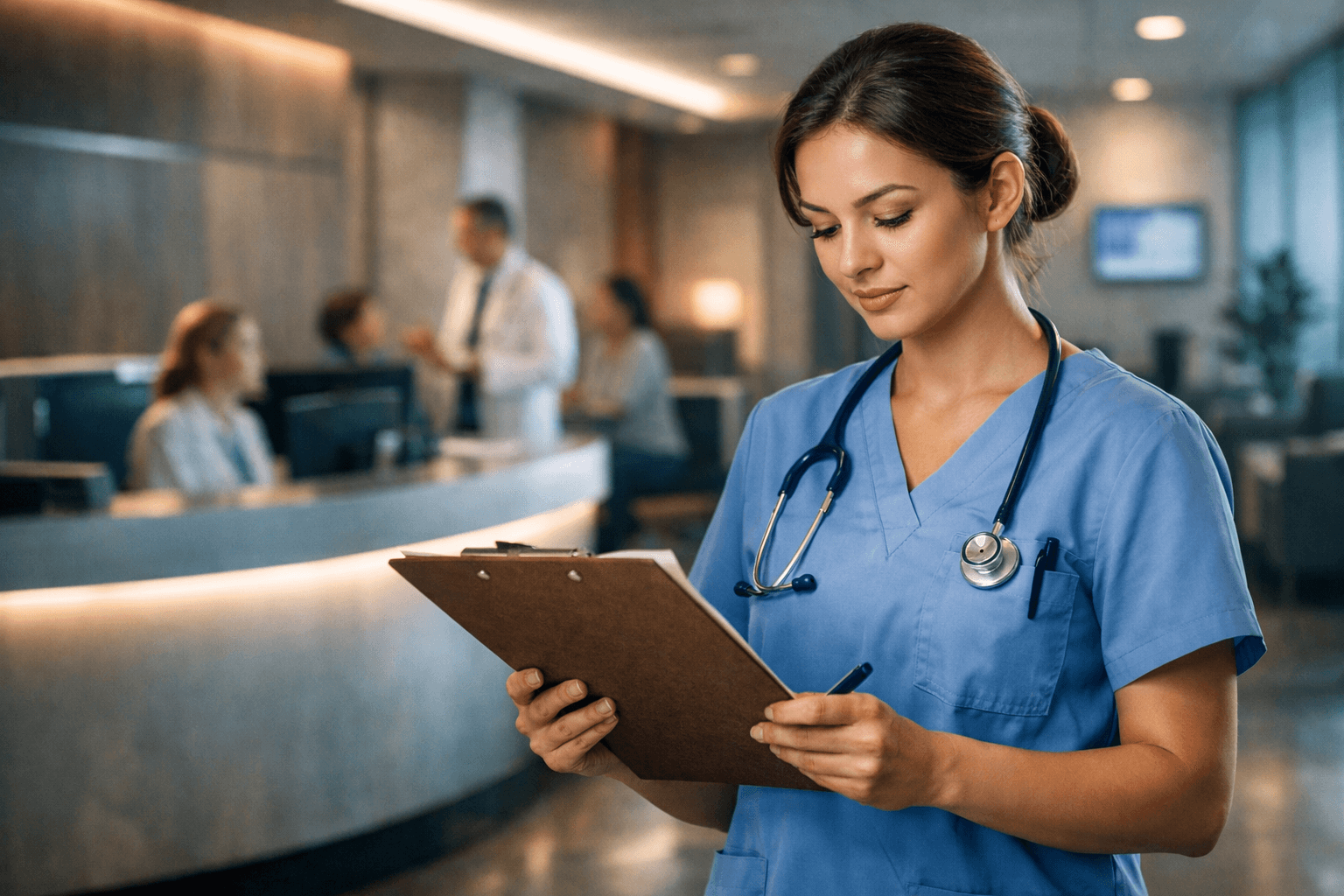 Enfermeira revisando prontuários na recepção de clínica